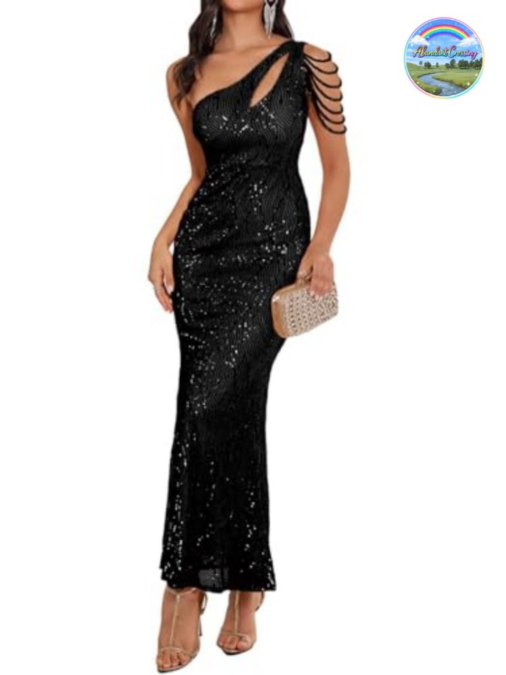 Elegant Sequin One Shoulder Maxi Dress with Bead Tassel Sleeve Formal Gown
